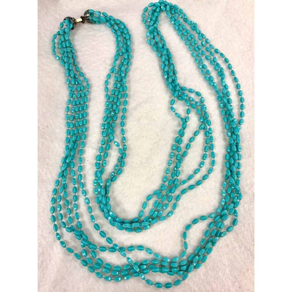 Vintage 5 Strand Turquoise Blue Lucite Plastic Bead Necklace 26” Mid Century